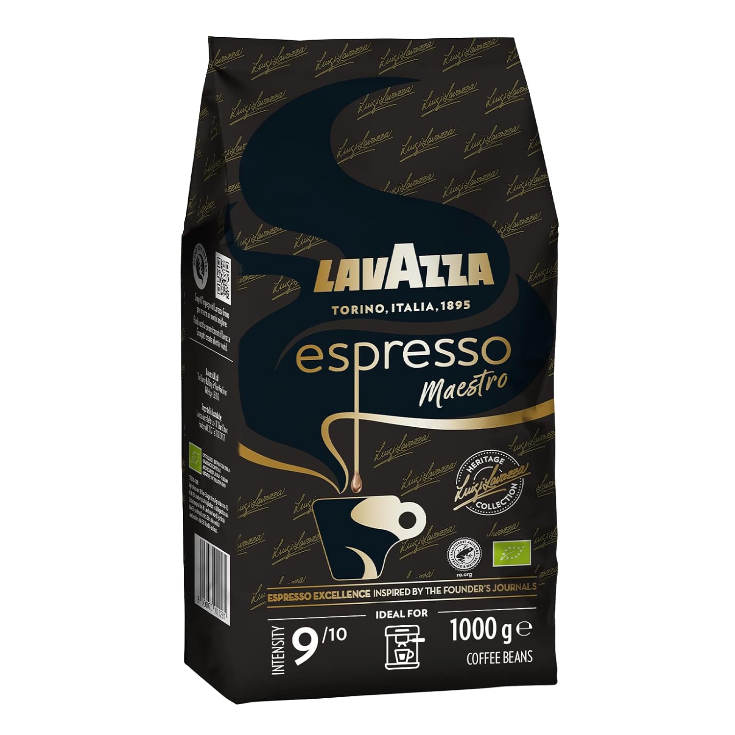 Lavazza, espresso maestro, coffee beans for espresso machines, balanced & aromatic fruit and flower taste, intensity 9/10, 100 % organic Arabica & Robusta, slow & gentle roasting, 1 kg