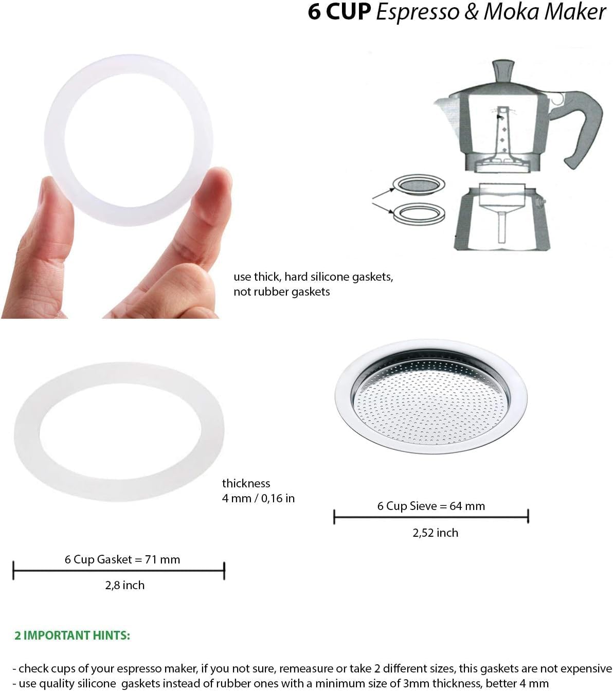 Replacement Funnel for 6 Cups Espresso Maker Blister Funnel for Mocha Cups, 6cup Espresso Cooker Strainer, E.G. TENCOMA, FITS in All (2 x Silicone Seal (71 mm) + strainer (64 mm) for 6 Cups Cookers)