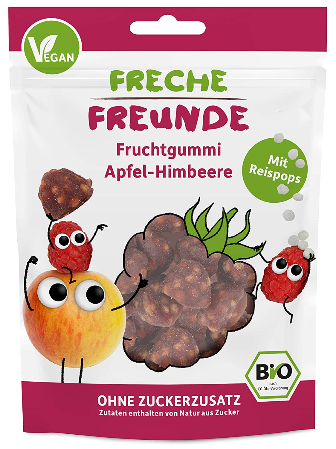 FRECHE FREUNDE Bio Fruchtgummi Apfel-Himbeere mit Reispops, Bio Frucht Snack für Kinder, glutenfrei und vegan, 20er Pack (20 x 30g)