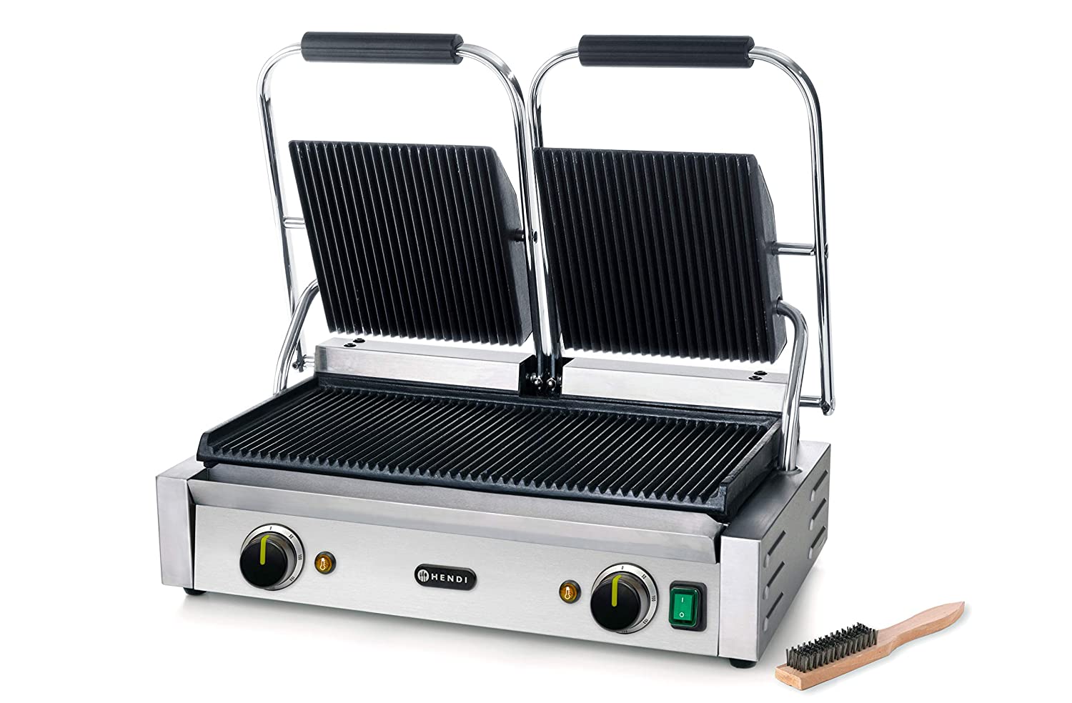 HENDI Contact grill, double version, electric grill, table grill, sandwich toaster, adjustable up to max. 300 °C, top height 530 mm, grill surface 475 x 230 mm, 230 V, 3600 W, 570 x 370 x (H) 210 mm, stainless steel