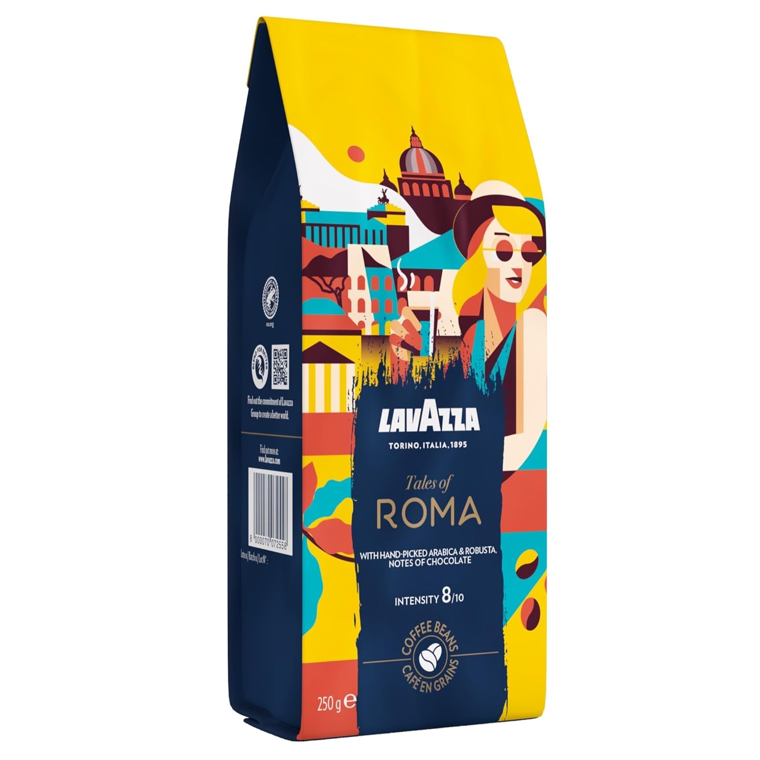 Lavazza, Tales of Italy Roma, Dark Roasting, Full-bodied Enjoyment with an Intensity of 8/10, Strong Notes of Hazelnut and Dark Chocolate, 250 g Soft Pack