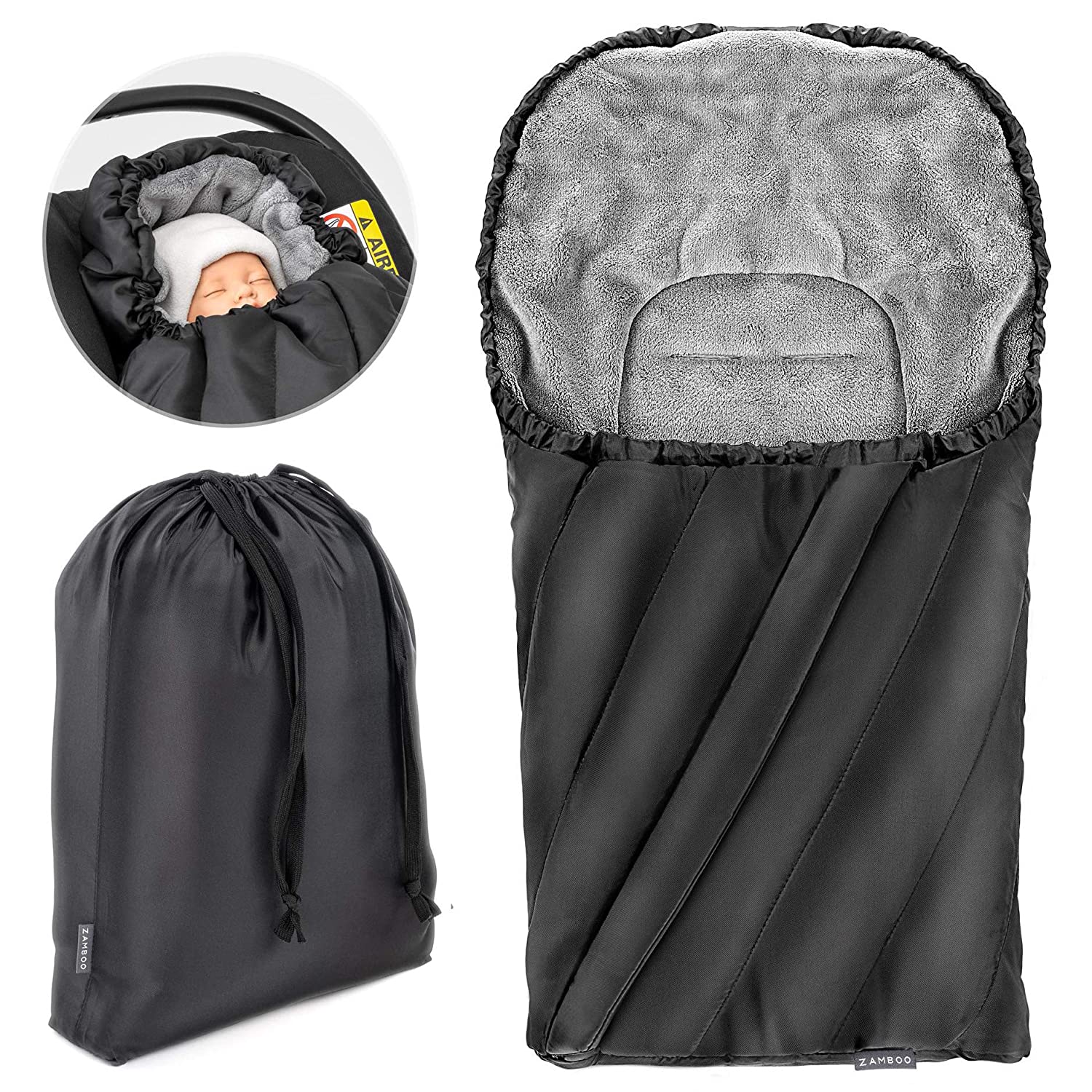Zamboo Footmuff for Baby Car Seat – Baby Winter Footmuff Made of Warm Thermal Fleece with Hood and Pocket – Black