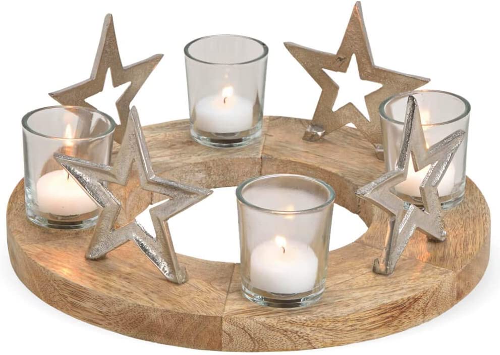 Matches21 Advent Wreath Advent Arrangement Wooden With Metal Stars And Glas