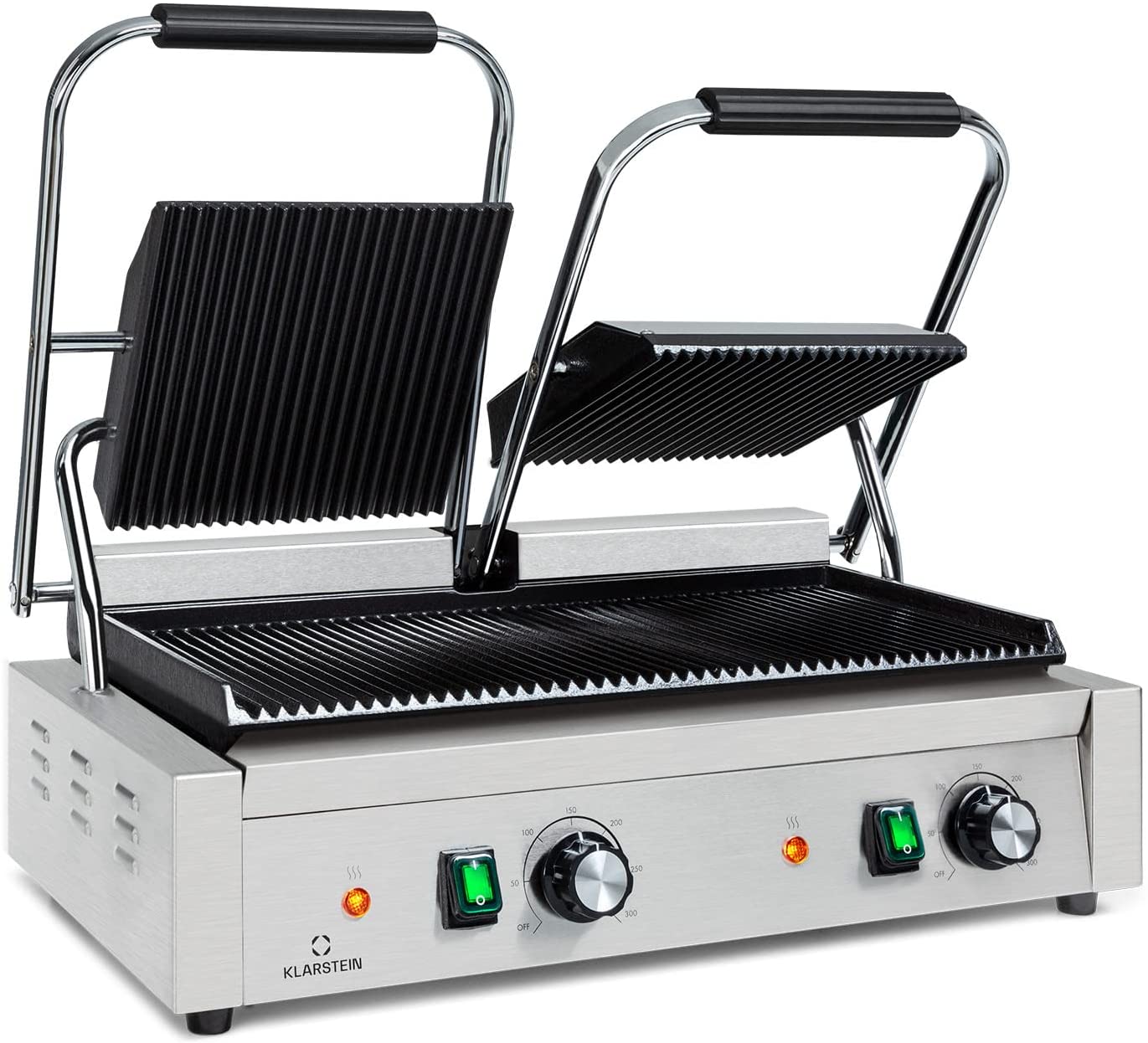 Klarstein Grillexpress Paninimaker Contact Grill - 2 x 1800 W Stainless Steel Cast Iron LED Indicator, 50 - 300 °C, 8 mm Thick Grill Surface, Metallic, Brushed Stainless Steel, Ribbed Surface