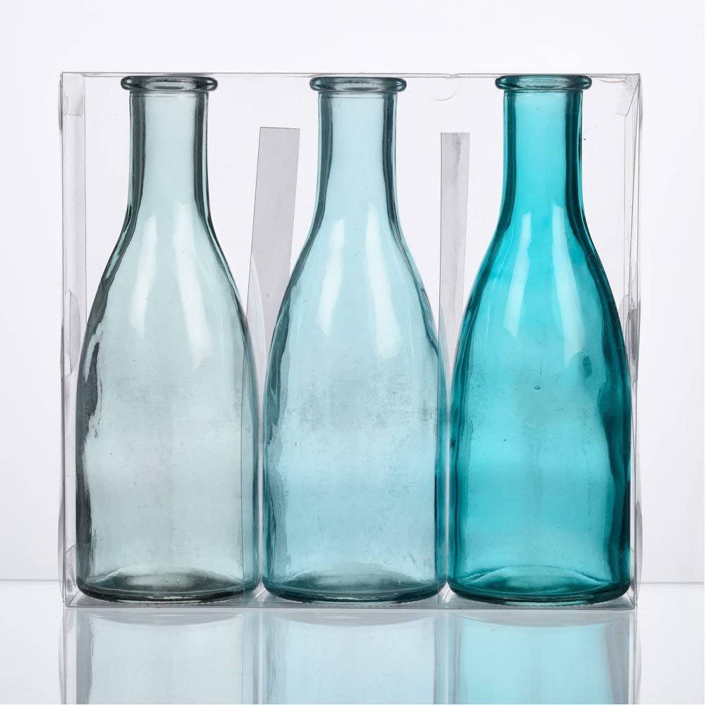 Sandra Rich Pack of 3 Bottle Vases Bottle Height 18.5 cm Diameter 6.5 cm Blue Turquoise Glass