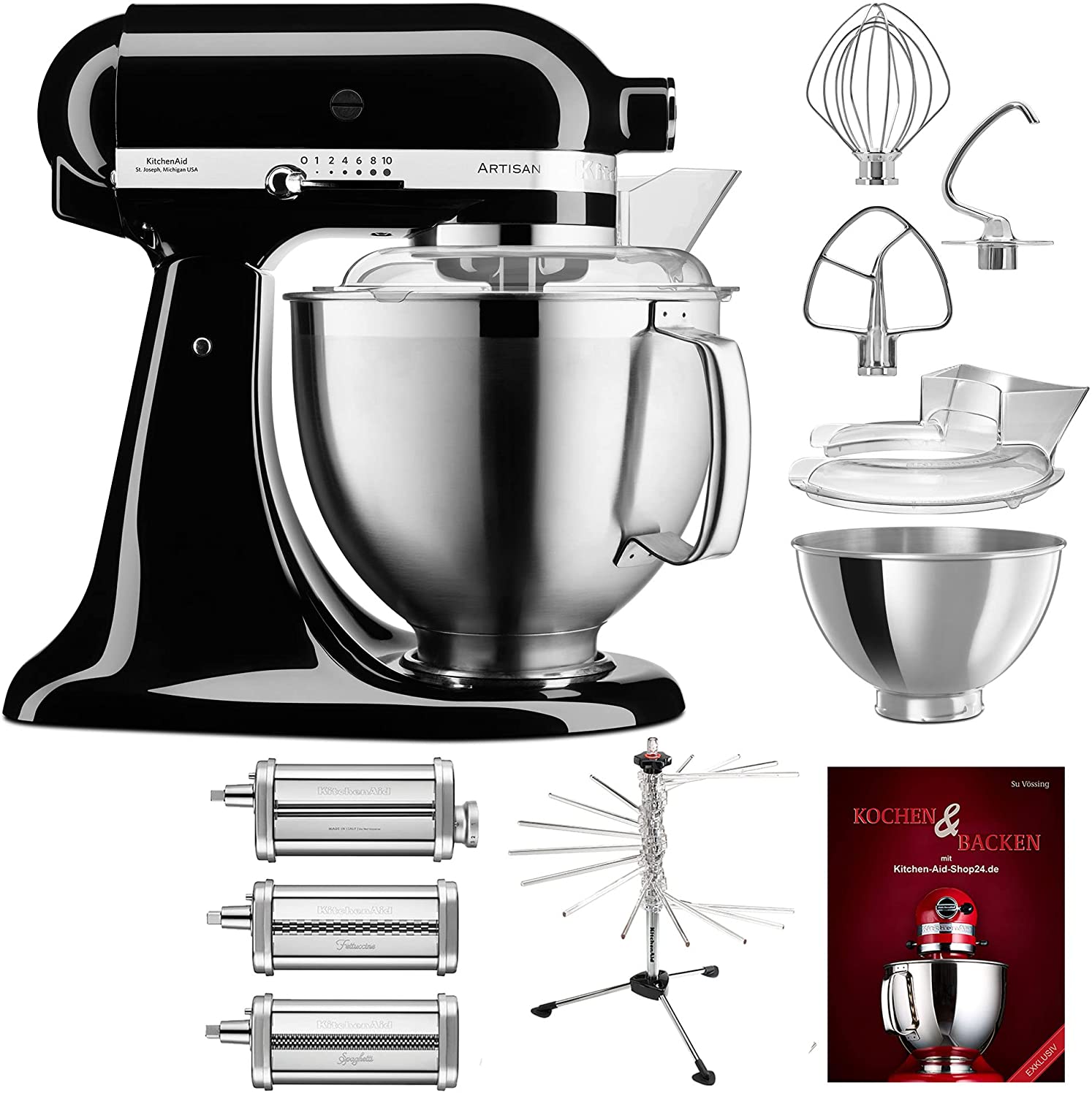 KitchenAid Artisan P26 Food Processor Starter Set 185 Pasta 5KSM185PSEOB Including Stainless Steel Pasta Attachment (5KSMPRA), Pasta Dryer (5KPDR) and Cookbook (Cooking & Baking)