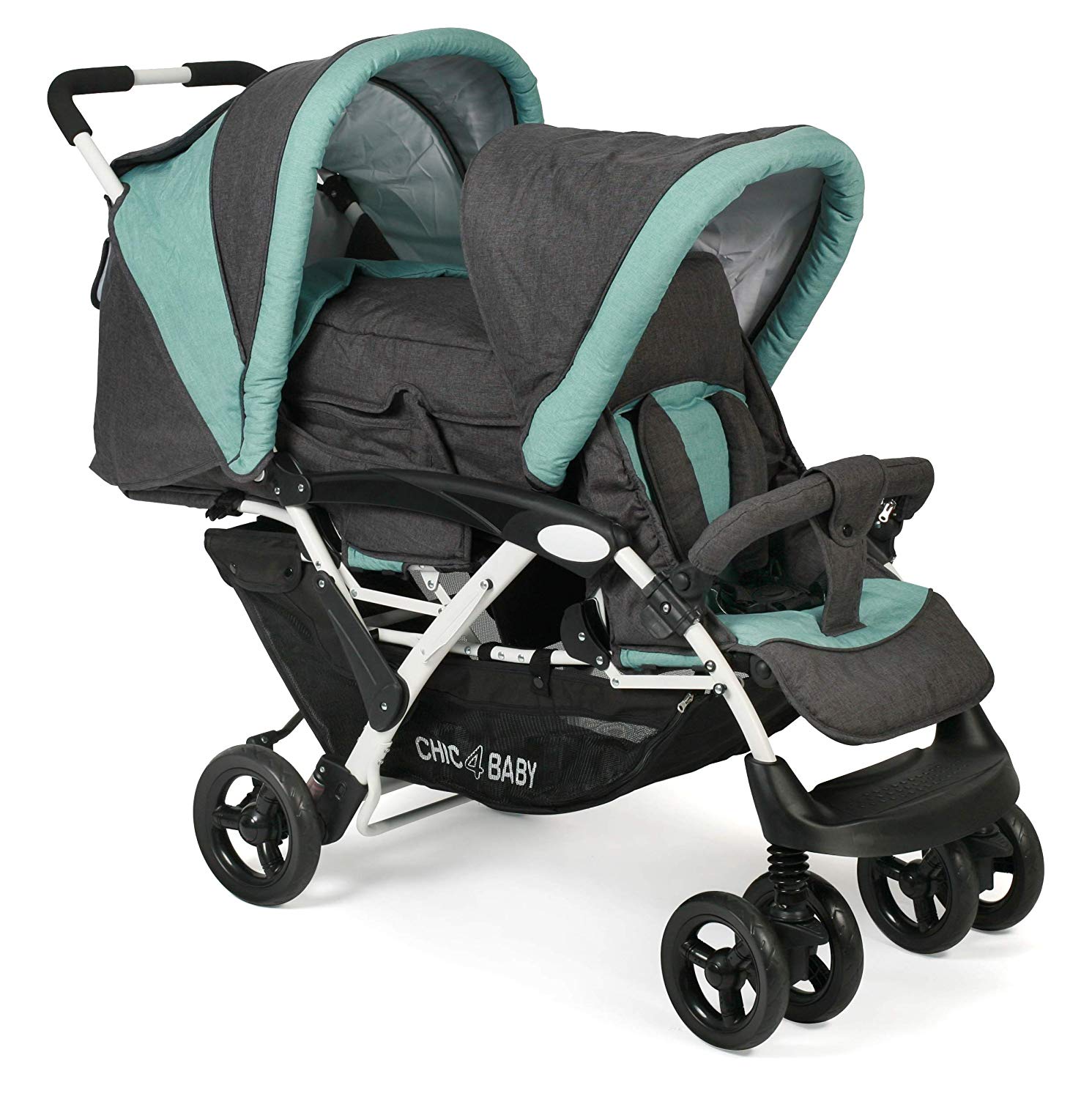 CHIC 4 BABY Duo Double Pushchair with Carry Bag for Two Children Melange Anthracite Mint Grey