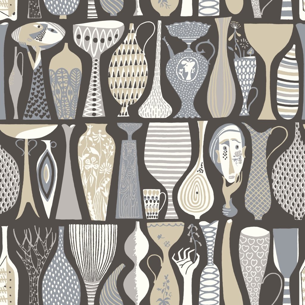Stig Lindberg Different Vases In 1758 Non-Woven Wallpaper Grey/Beige, Grey 