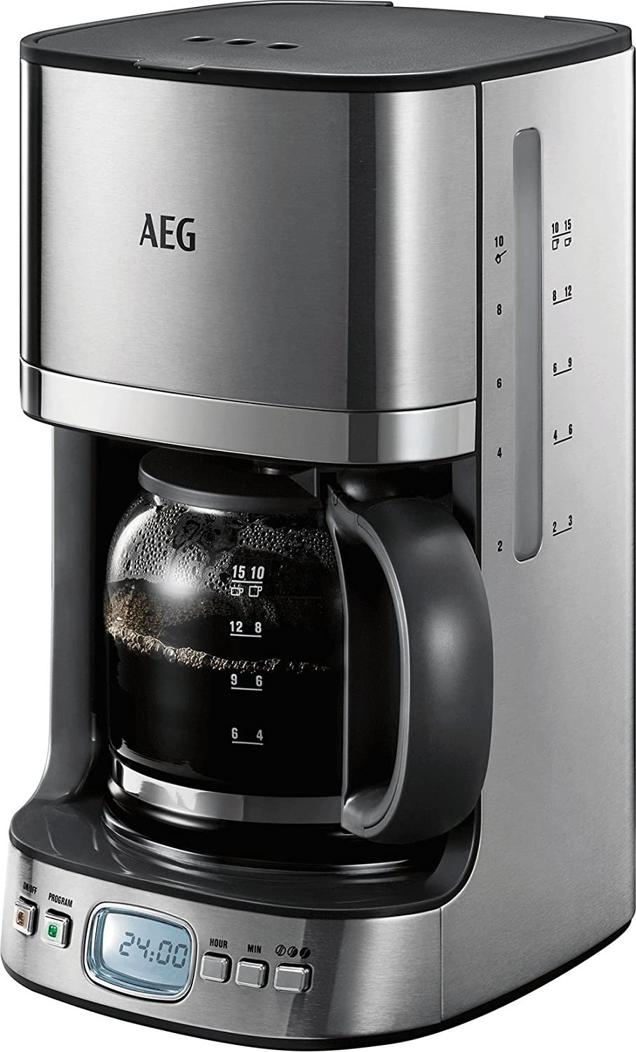 AEG KF 7600 Coffee Machine Programmable Timer Aroma Function Permanent Filter LCD Display Water Level and Coffee Dispenser Indicator 1.25 L Safety Shut-Off Brushed Stainless Steel