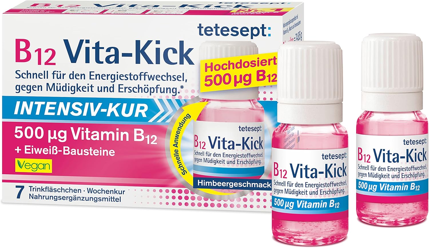 tetesept B12 Vita-Kick Drinking Ampoules Intensive Treatment - Dietary Supplement for Energy Metabolism, Against Exhaustion - High Dose Vitamin B12 Ampoules - Weekly Pack of 7 Drinking Bottles