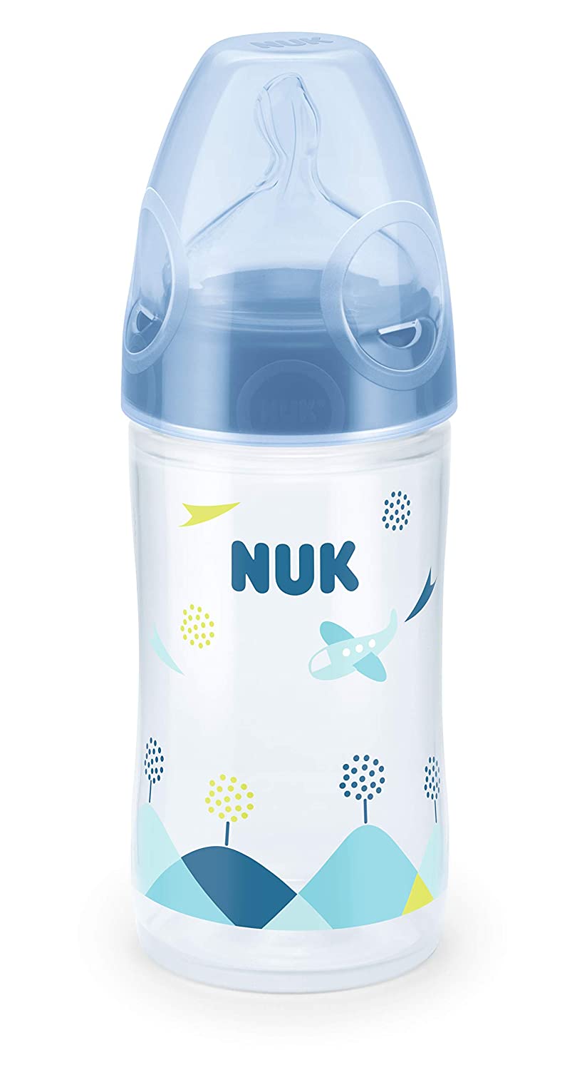 NUK New Classic Baby Bottle 150 ml, Slim Bottle Body, Orthodontic NUK First Choice Plus Silicone Teat, 0-6 Months, S (Tea), Plane, Blue