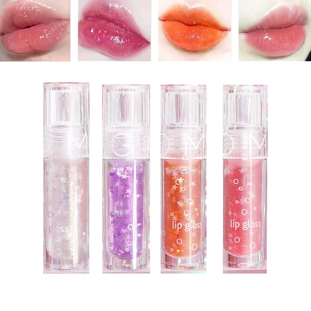 Pakivs Plumping 4-Piece Glass Water Gloss Lip Gloss Set, Transparent Water Gloss Lip Gloss Glitter Moisturising Lip Glaze