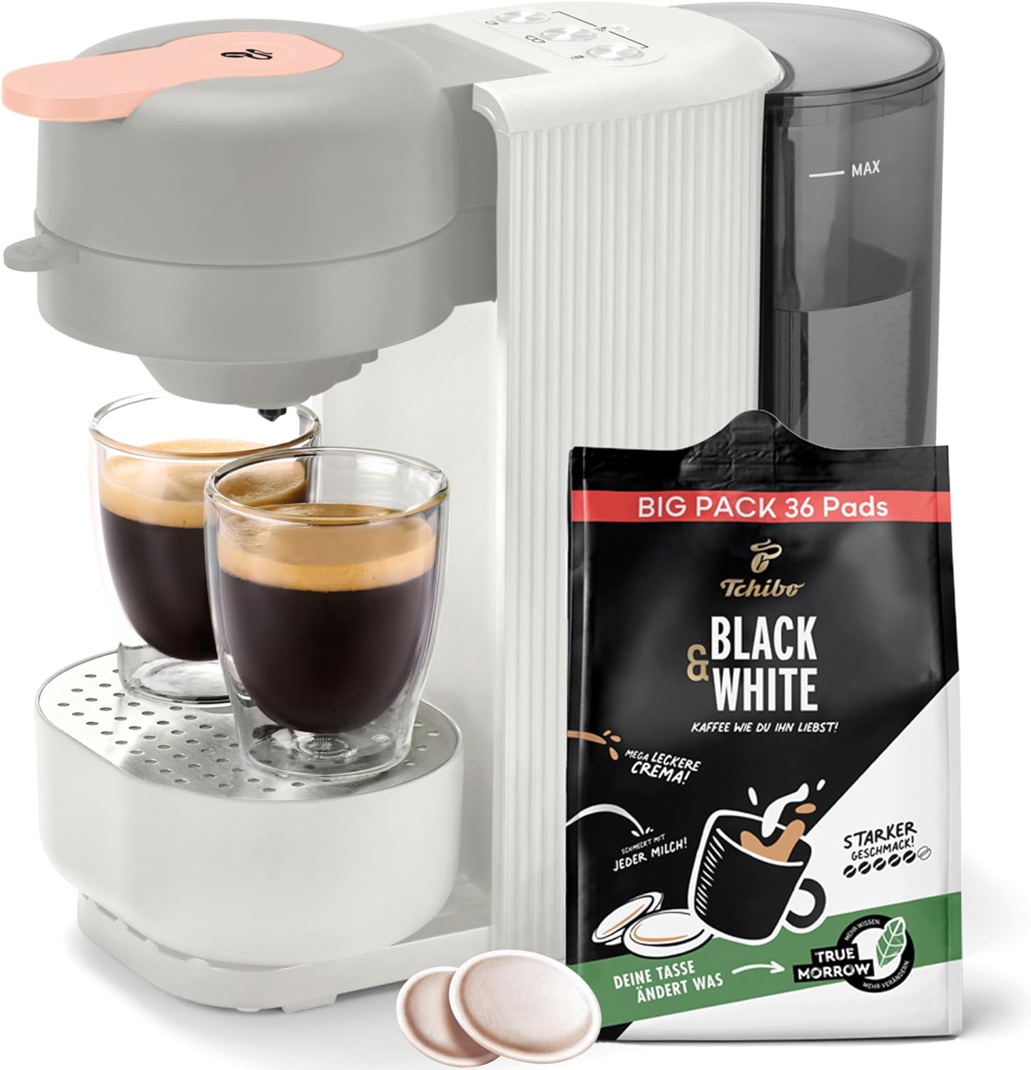 Tchibo \"Call Me Pad\" Coffee Pad Machine with 36 Black & White Pads, with To-Go Cup Button, for 2 Cups, Quick and Quiet, Automatic Shut-Off Function, Soft White
