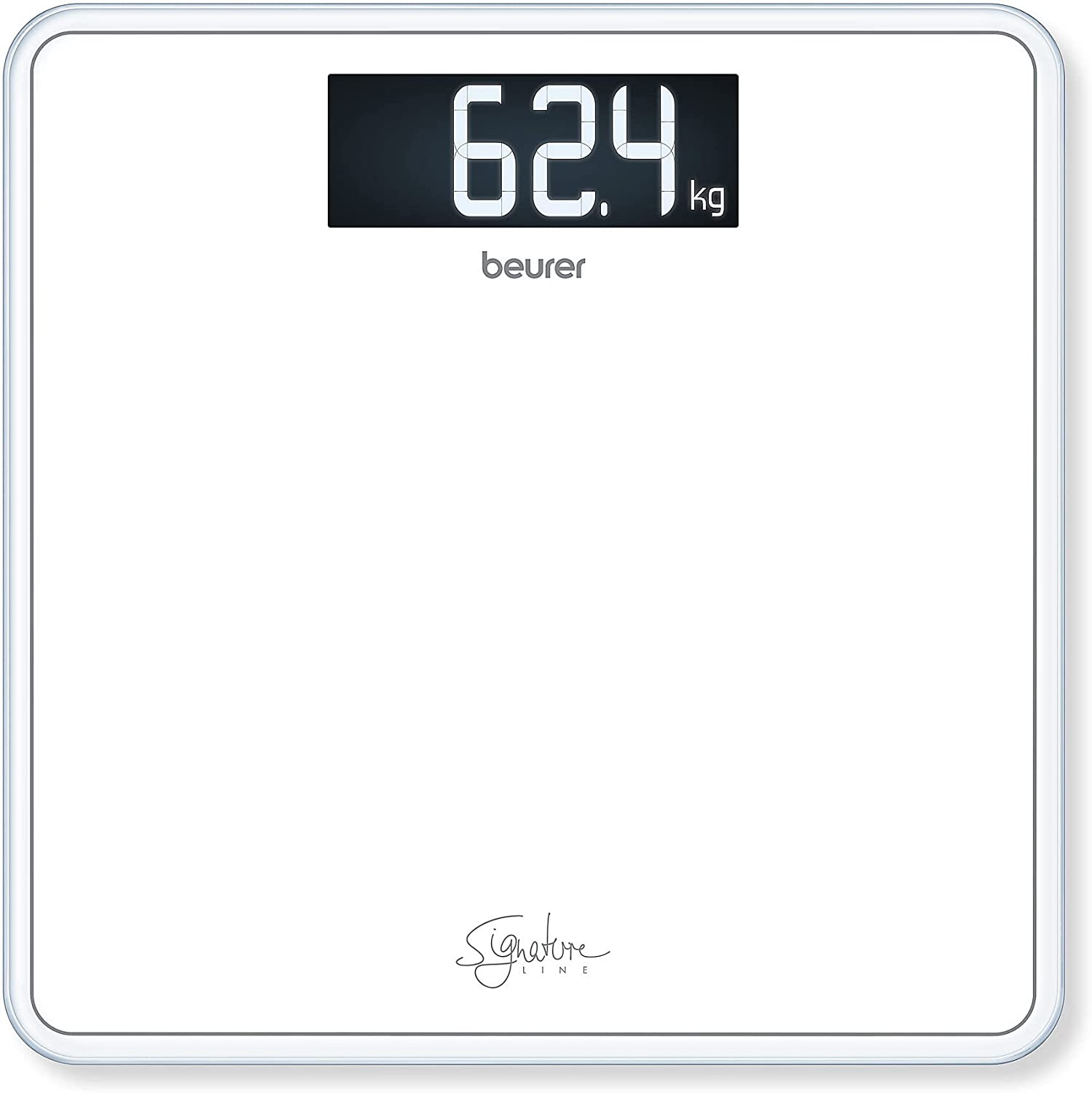 Beurer GS 400 White Signature Line Glass / Bathroom Scales with Large Tread Surface Made of Super White Safety Glass, Stylish Black Display in XL Format and Load Capacity up to 200 kg