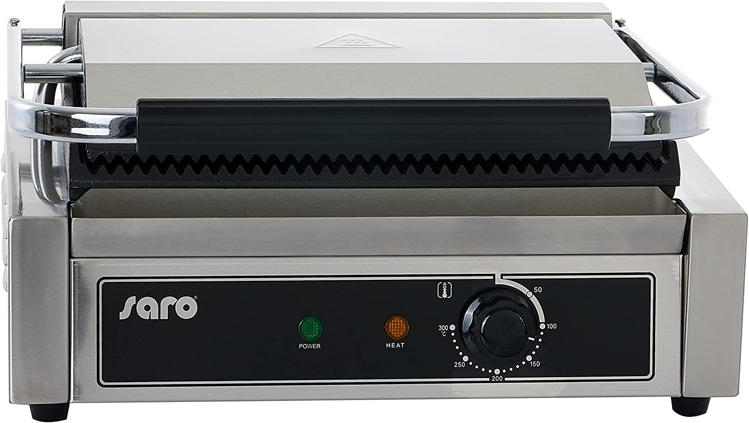 Saro Electric Contact Grill Model PG 1B Professional Grill Plate Table Grill (Electric Grill, Extra Wide, Grooved on Both Sides, Roasting e.g. Steaks, Non-Stick 300°, Catering, Stainless Steel, Cast Iron) Silver
