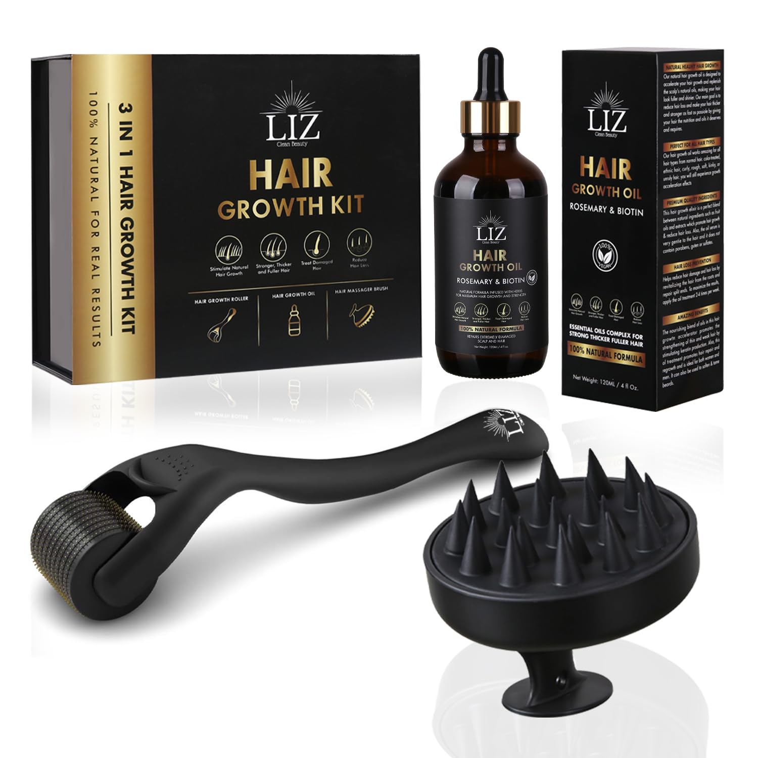 Natural Rosemary Oil Hair with Biotin, 120 ml Rosemary Oil for Hair, Hair Oil for Hair Growth, Dermaroller With Scalp Massage Brush and Hair Growth Oil, Rosemary Oil Against Hair Loss