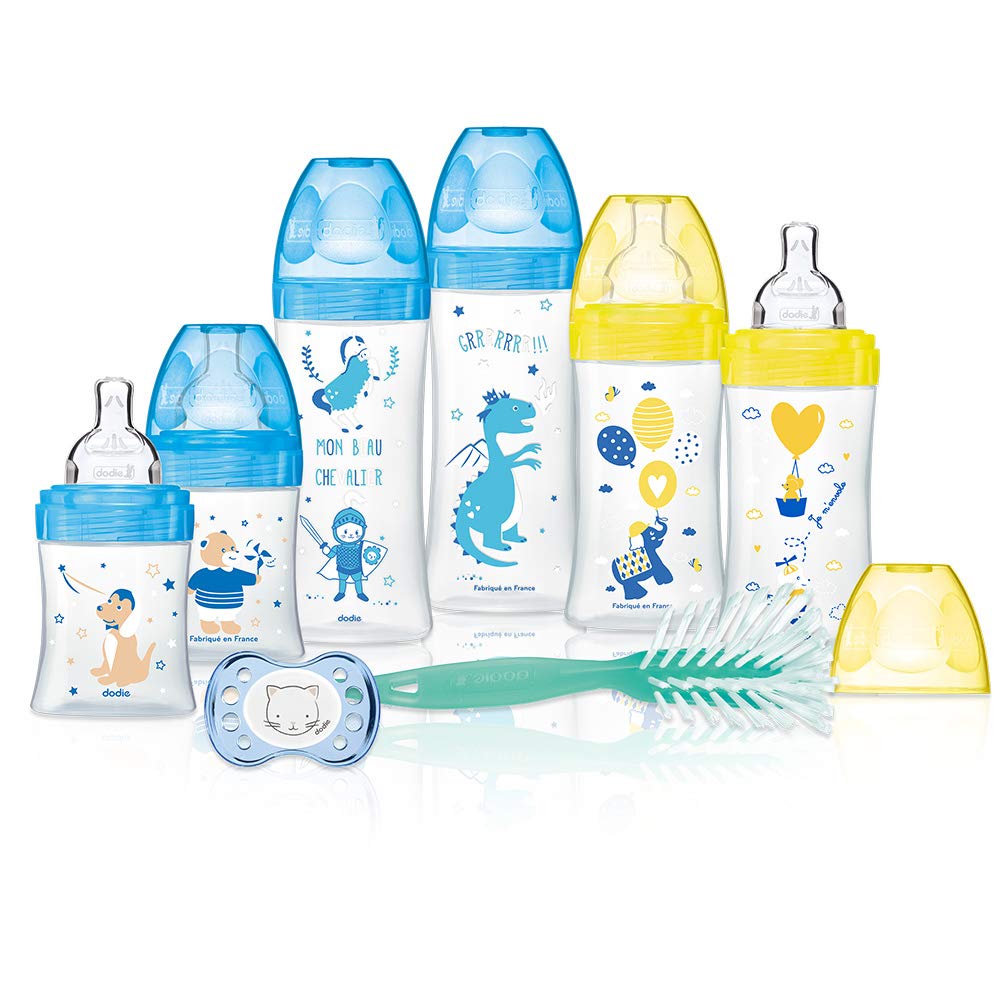 Dodie Birth set of 6 baby bottles, anticolic, sensation+ (2 x 150ml, 2 x 270ml, 2 x 330ml), 1 x anatomical dummy 0-6 months, 1 x bottle brush, BPA-free, blue, sea