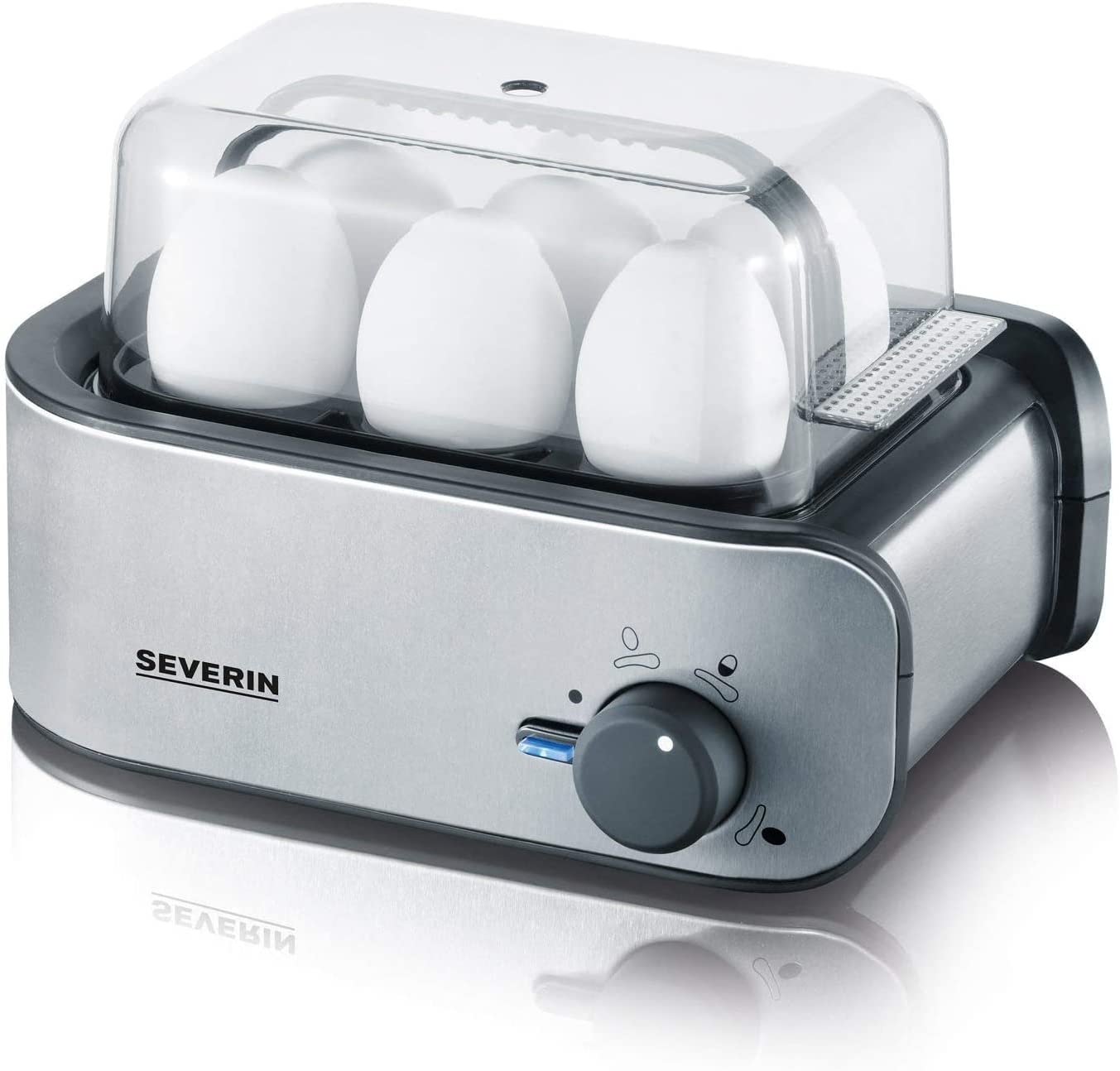 SEVERIN Egg Boiler for 6 Eggs with Electronic Cooking Time Monitoring, Includes Measuring Cup with Egg Picker, Egg Cooker with Poacher Insert, Brushed Stainless Steel / Black, 420 W, EK 3167