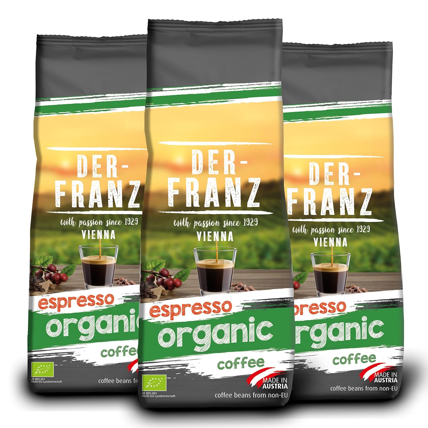 Der-Franz Espresso Organic Coffee, Whole Bean, 3 x 500 g