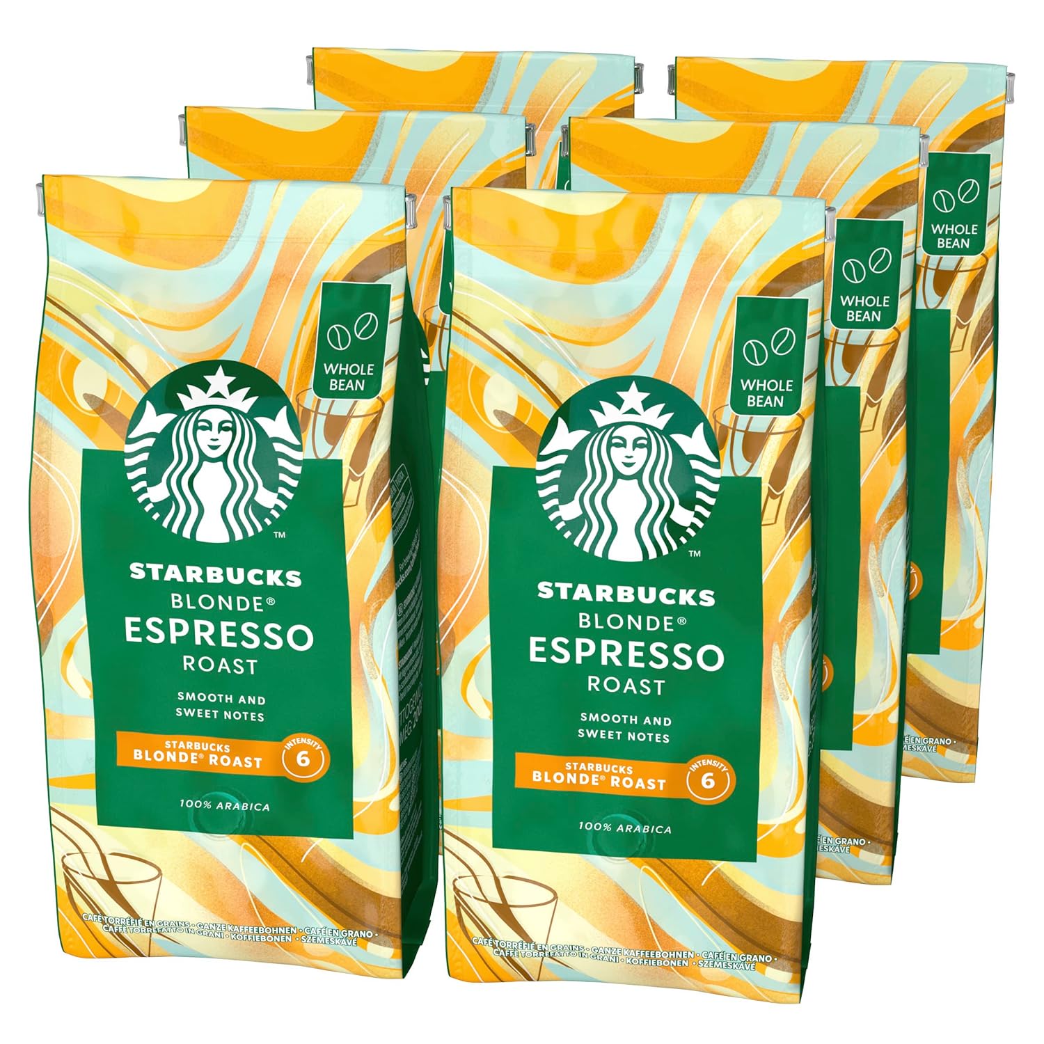 Starbucks Blonde Espresso Coffee, Set of 6, Blonde Roast, Roast Coffee, Velvet and Sweet, Whole Beans, 6 x 200 g