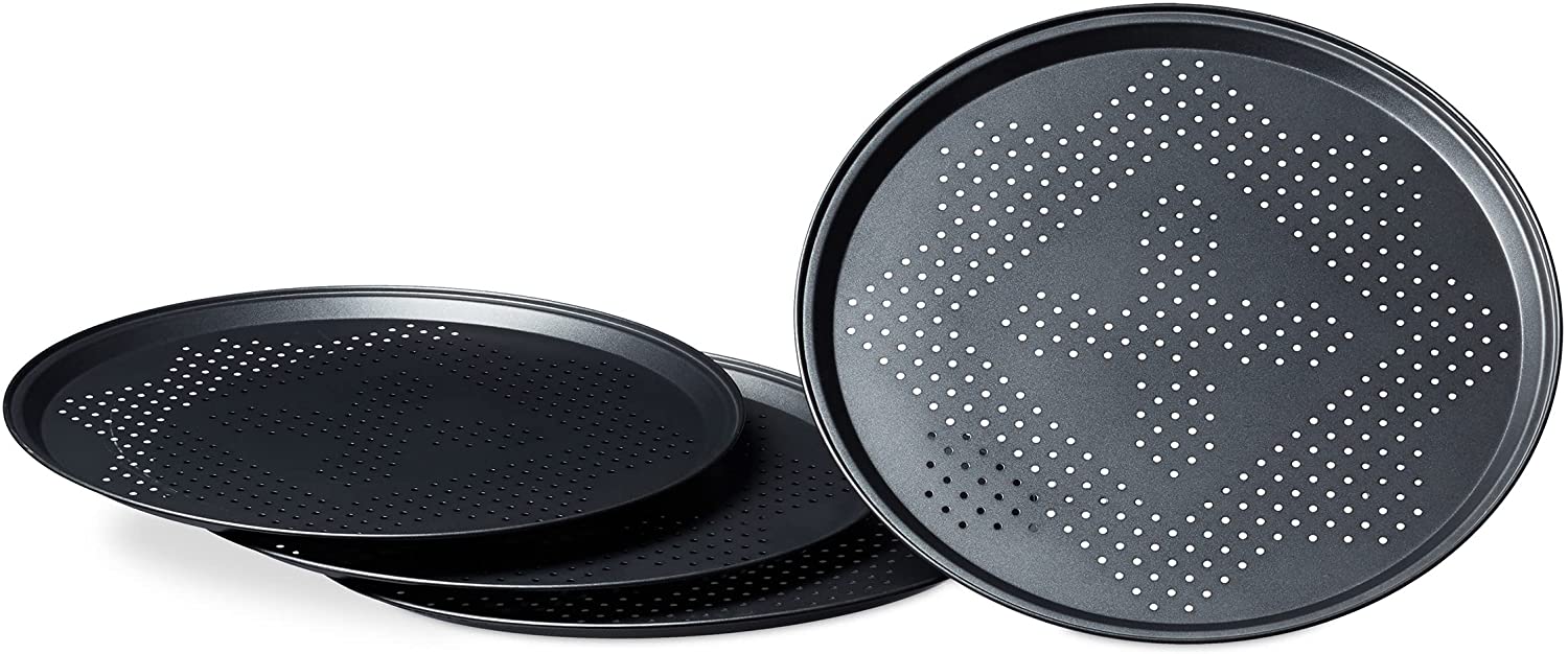 Relaxdays Pizza Tray with Perforation in Set Round Pizza Baking Trays with Extra Large Diameter Approx. 29 cm Baking Trays for Pizza and Tarte Flambée Pizza Baking Set in Set of 4 Non-Stick Coating Anthracite