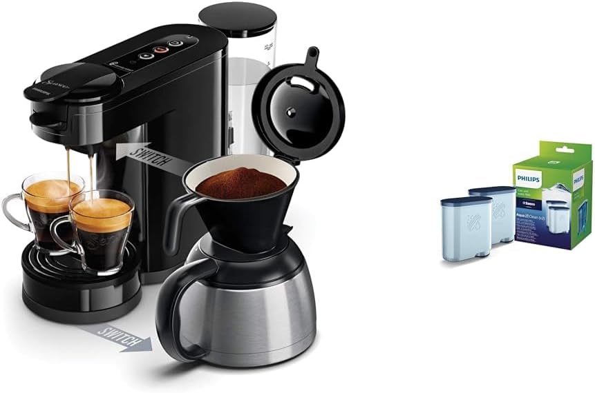 Philips Senseo Switch Pad and Filter Coffee Maker, 2-in-1 Brewing Technology & Water Filter for Espresso Machine, No Descaling up to 5000 Cups, Twin Pack