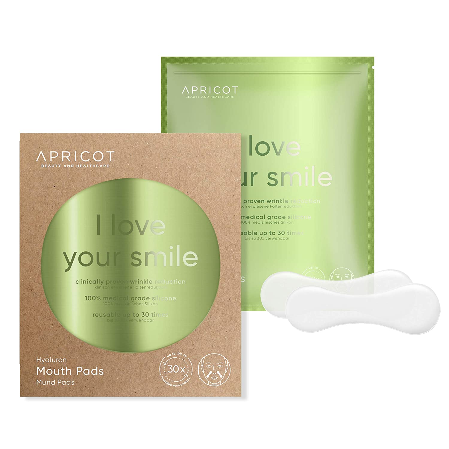 APRICOT Beauty & Healthcare Mouth Pads Made of Medical Silicone with Highly Effective Hyaluronic I Silicone Care Mouth Pads with Hyaluronic Against Upper Lip and Nasolabial Wrinkles I Up to 30 Applications, ‎transparent