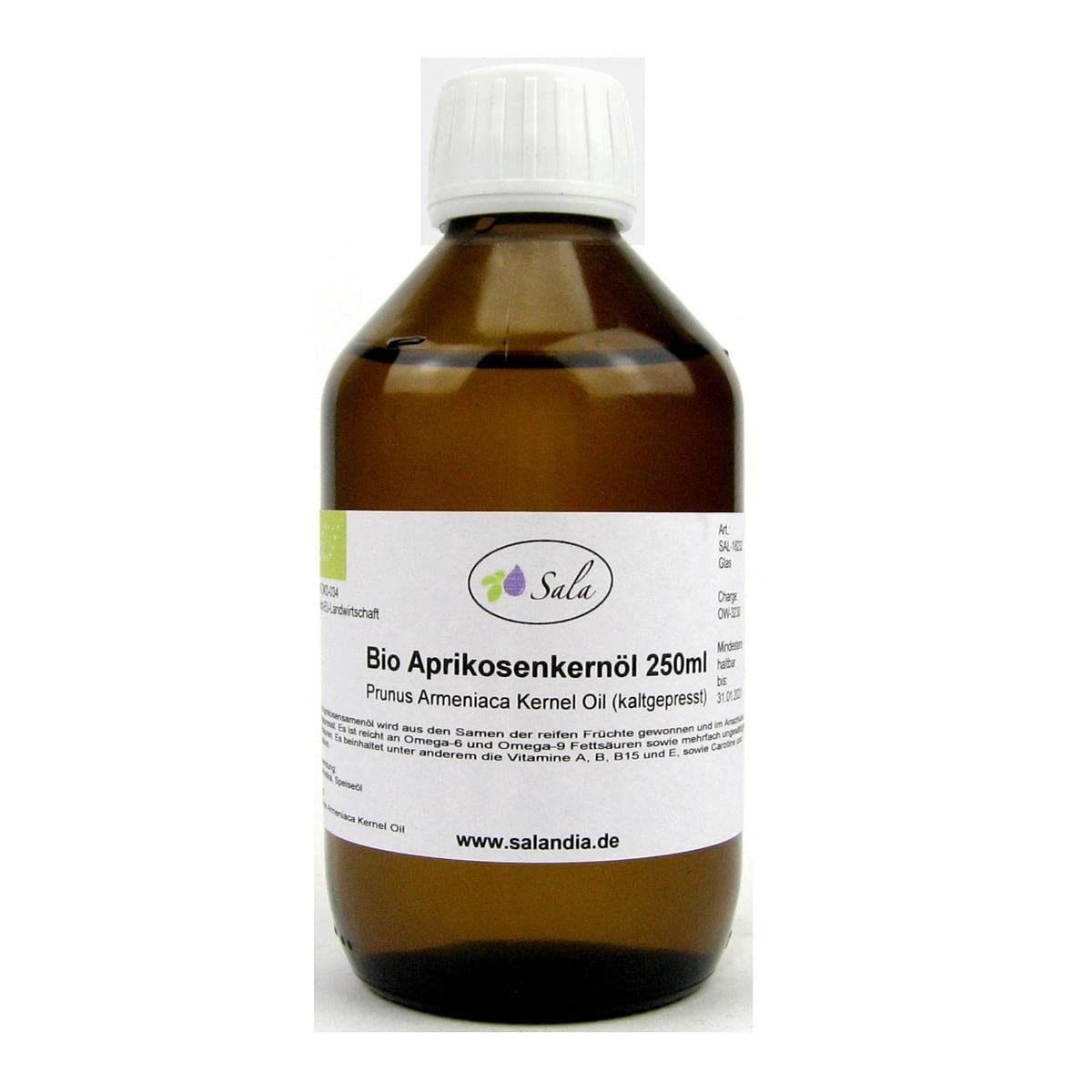 Sala Apricot Kernel Oil Prunus Armeniaca Cold Pressed Organic (250 ml Glass Bottle)
