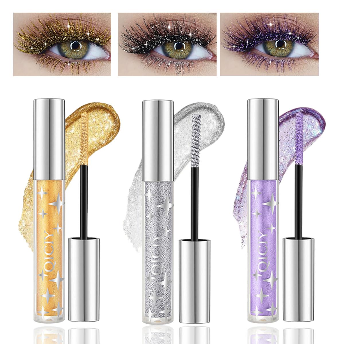 Baorder Pack of 3 Glitter Coloured Mascara, Waterproof Long Lasting Sparkly Diamonds Mascara, Silver Gold Purple Colour Diamond Mascara for Eyelashes, Lengthening Volumising Colourful Mascara, Party