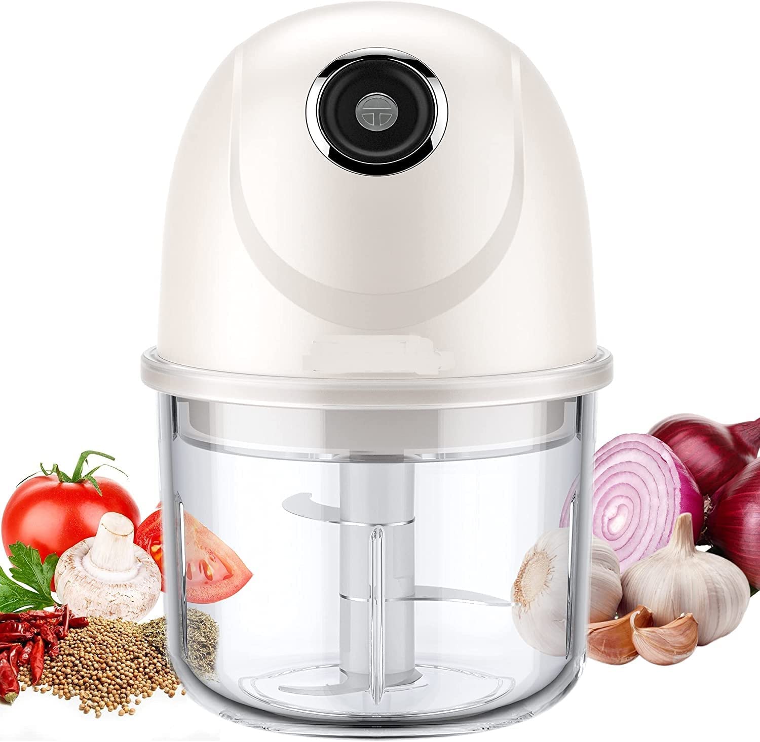 Phisinic Electric Food Processor, Mini Chopper with USB Battery, 3 Sharp Stainless Steel Blades, 300 ml Small Chopper for Garlic, Fruit, Meat and Baby Food, BPA-Free Glass Bowl (White)