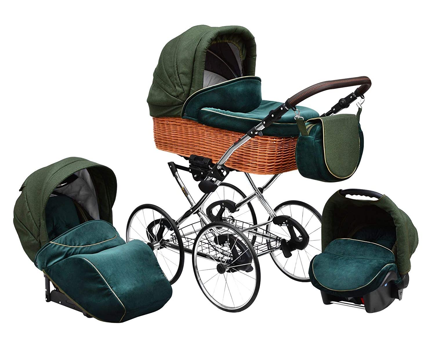 Lux4Kids Retro Pushchair Nature One Pro Puncture-Free 27 Inch Spoke Wheels Wicker Basket Racing Green 02 4-in-1 Car Seat + Isofix