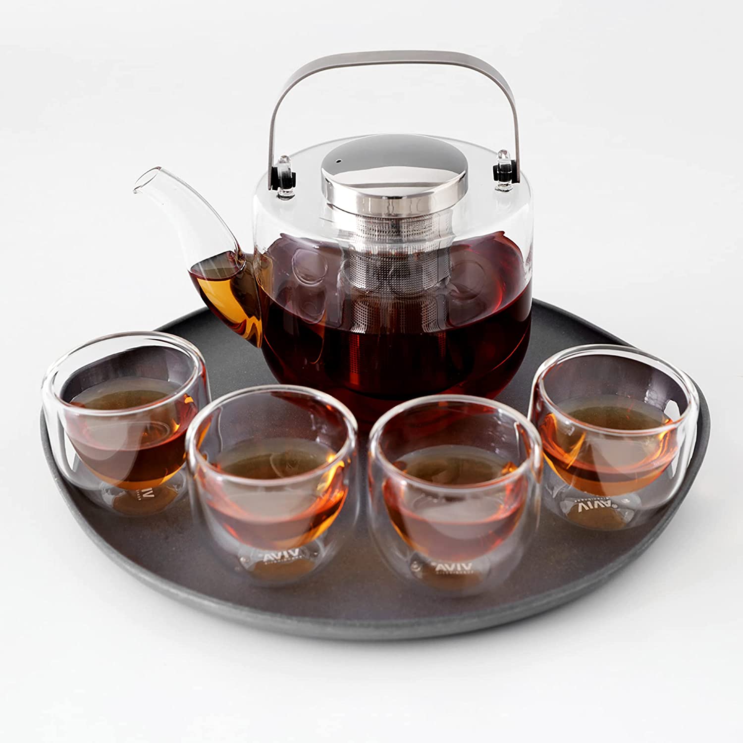 VIVA Scandinavia Teapot with strainer insert, glass tea maker in set with 4 small tea cups made of borosilicate glass and serving tray grey, dishwasher-safe, drip-free, 0.75 litres