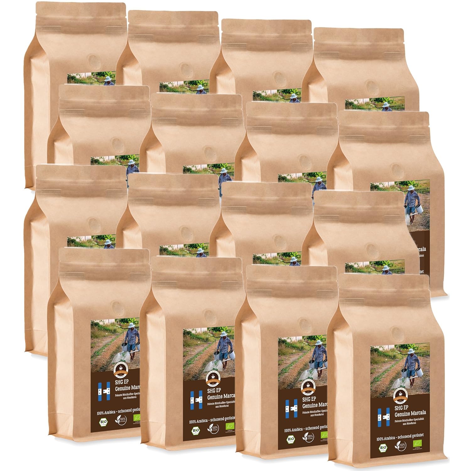 Coffee Globetrotter - Organic Honduras Genuine Marcala - 16 x 1000 g Medium Ground - for Fully Automatic Coffee Grinder - Roasted Coffee from Organic Cultivation | Gastropack Economy Pack