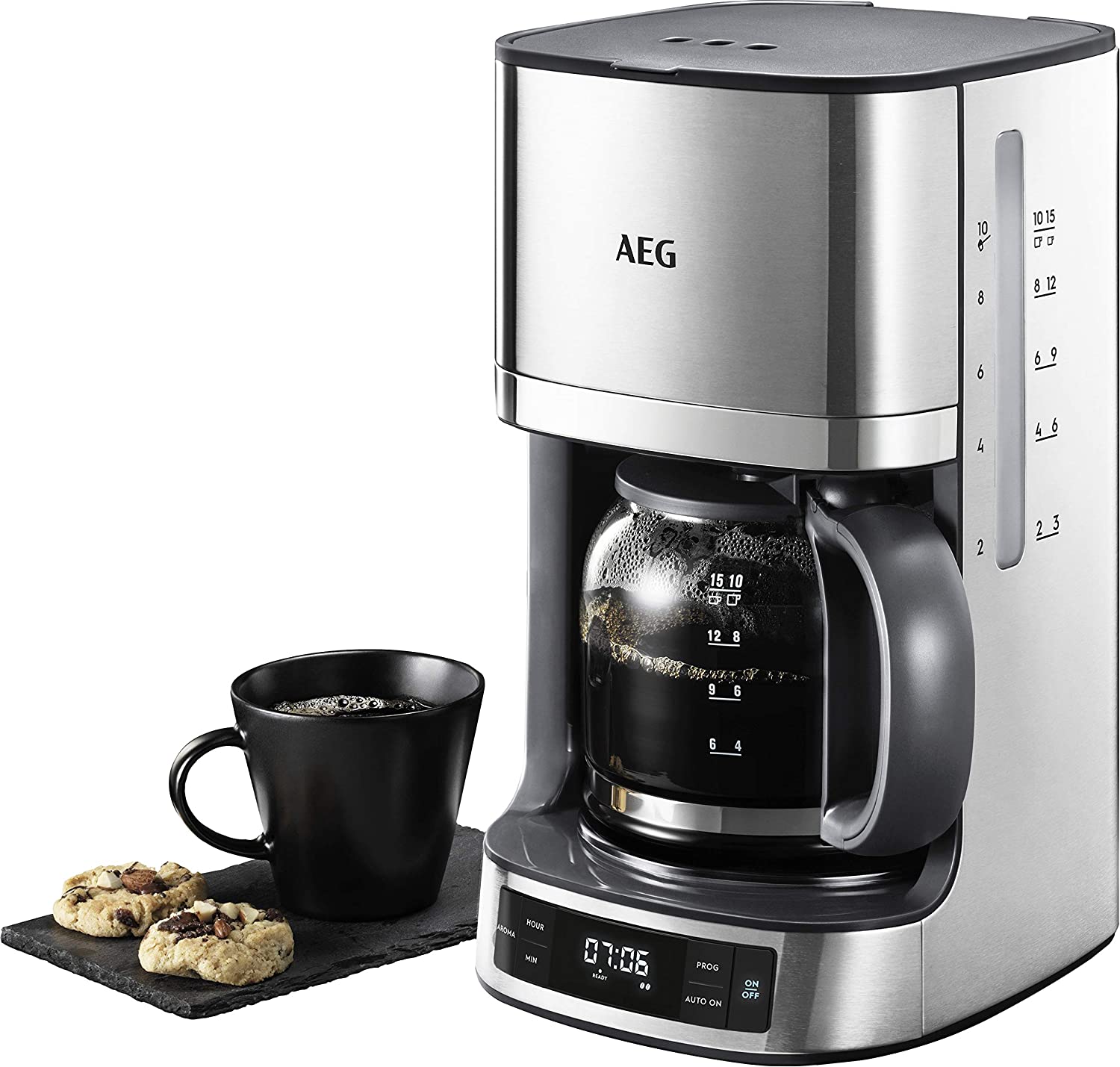 AEG KF 7700 Coffee Maker Programmable Timer LCD Display Aroma Function Easy Fill Water Level and Coffee Dose Indicator 1.375 L Brushed Stainless Steel