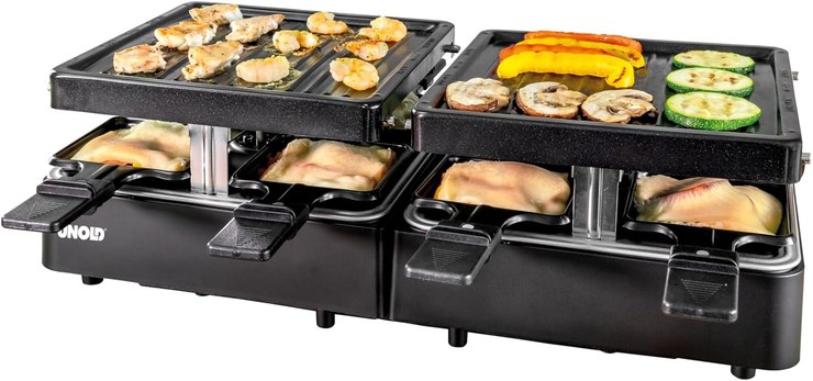 Unold 48755 Raclette Extendable, Party Grill, Raclette Grill for up to 8 People, 1,300 Watt Electric Table Grill with Two Separate Grill Surfaces (Each Approx. 21 x 21 cm)