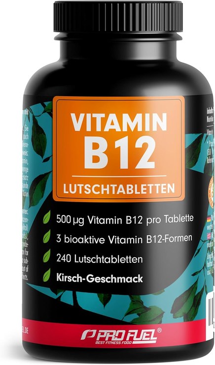 Vitamin B12 Lozenges, 240 x Cherry, 500 μg B12 per Tablet of Methylcobalamin, Adenosylcobalamin & Hydroxocobalamin, Delicious Taste, Optimal High Dose, No Added Sugar, 100% Vegan