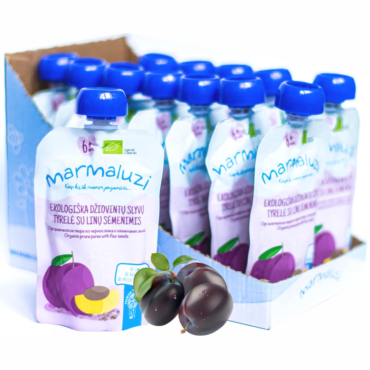 Bio Quetschbeutel von Marmaluzi - Premium Baby Quetschies für Kinder ab 6 Monaten - Fruchtmus ohne Zuckerzusatz und Zusatzstoffe - 14er Pack (14 x 90g.) (Pflaumen & Leinsamen)