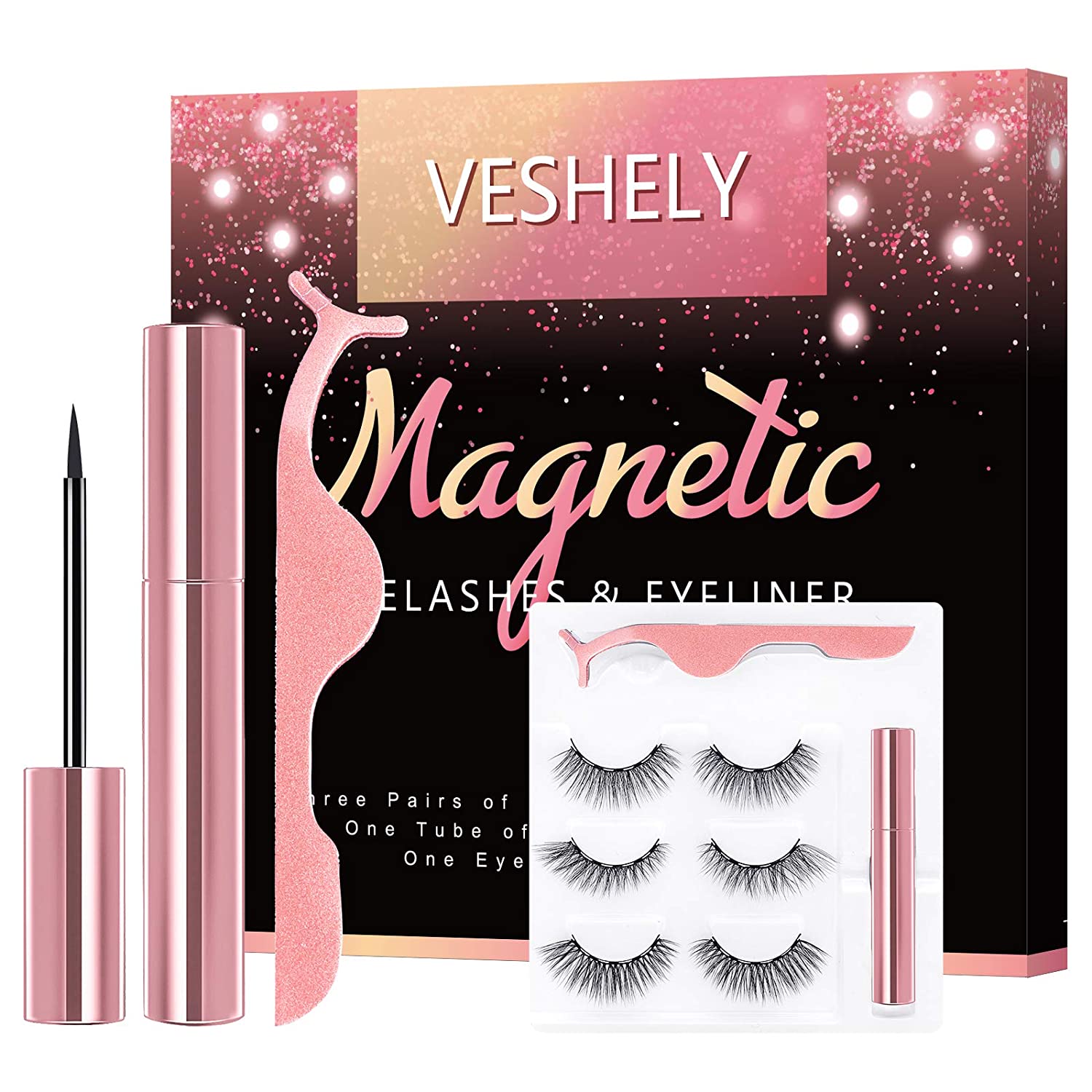 EYEKESHE Natural Magnetic Eyelashes with Eyeliner Kit, 3 Pairs of Improved 