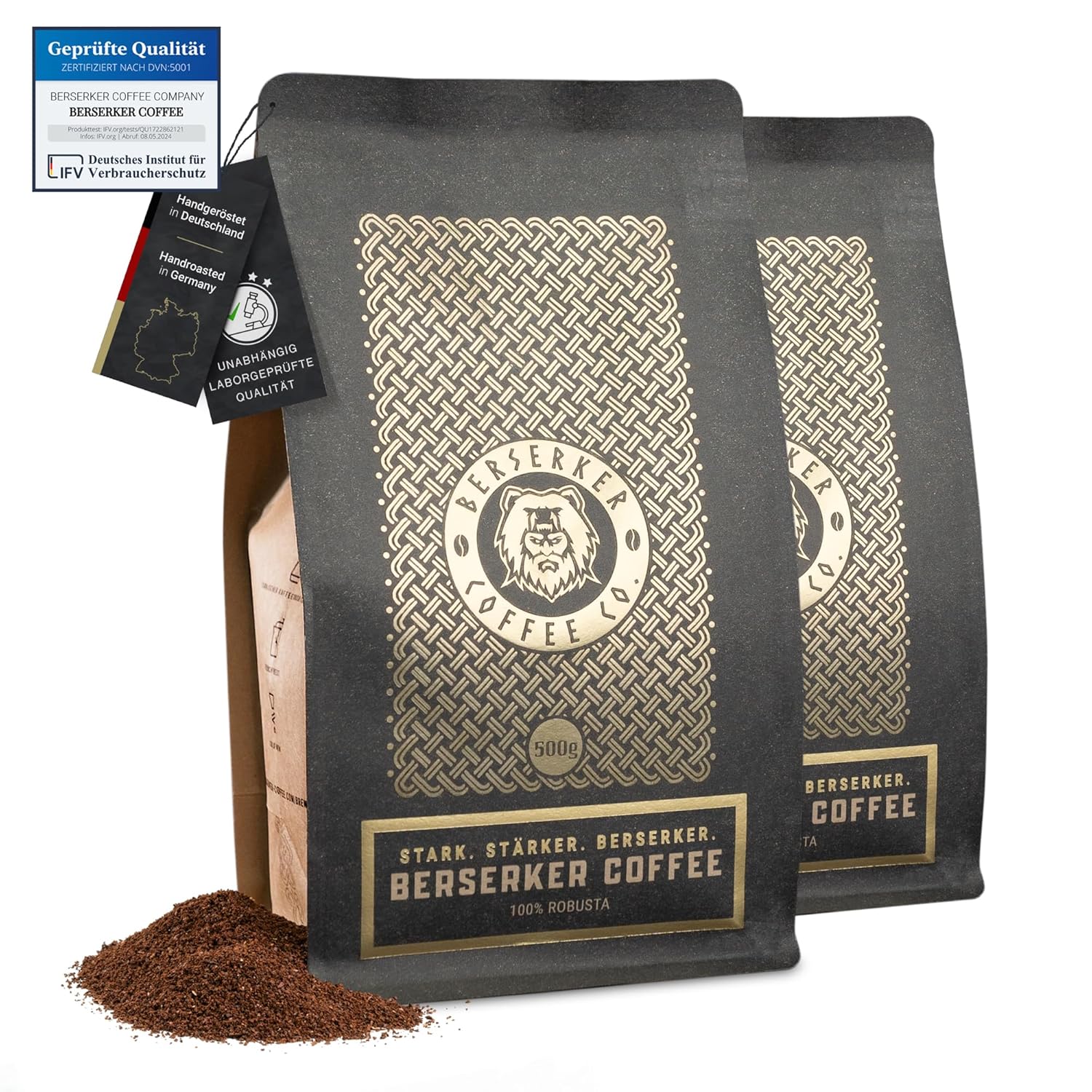 Berserker Coffee Extra Strong Ground Coffee Beans - 2 x 500 g - 237 mg Caffeine to 100 ml - Low Acid - Ground Beans for Filter Coffee Machines