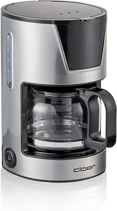 Cloer 5251 Filter Coffee Machine for 6 Cups, Gentle Warming Function, Glass Jug, Measuring Spoon, Water Level Indicator, Drip Stop, Automatic Shut-Off, Filter Size 1 x 2, 550 W, Stainless Steel