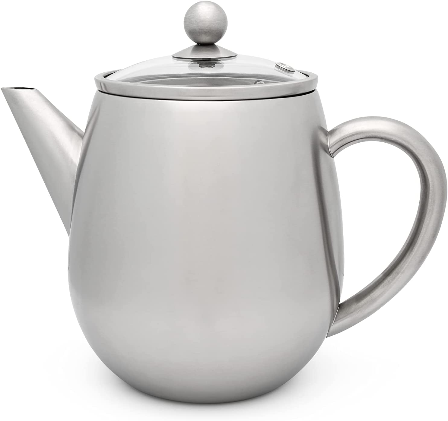 Small Tall Double-Walled Stainless Steel Teapot 1.1 Lites with filter Strainer for Preparation of Loose Tea