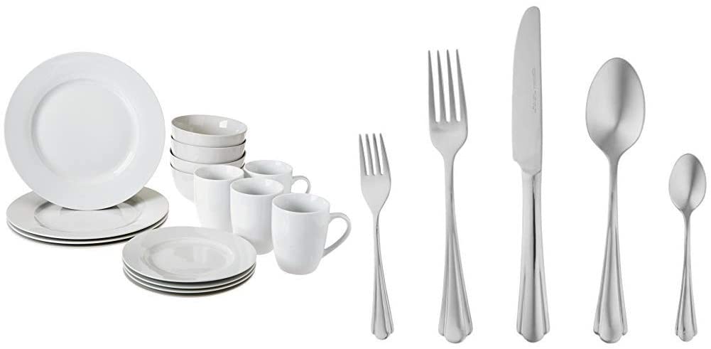 AmazonBasics Amazon Basics 16 Piece Dinner Service for 4 People & Scalloped Edge Stainless Steel 20 Piece Set for 4 People