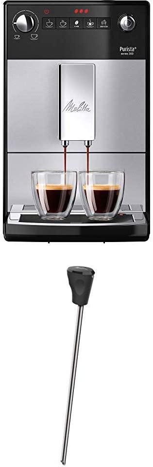 Melitta Purista F 230-101 Fully Automatic Coffee Machine with Whisper-Quiet Conical Grinder (Direct Dial Button, 2-Cup Function, 20 cm Width) Silver/Black + Milk Lance for Fully Automatic Coffee Machines Stainless Steel Black