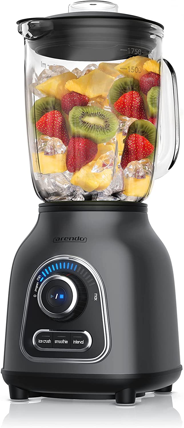 Arendo - Stainless steel mixer - High-performance mixer - 1400 watts - 24,000 rpm - Mixer including 1.75 l glass container - Ball bearing stainless steel knife 6-blades, 30 power levels - Design Cool Grey