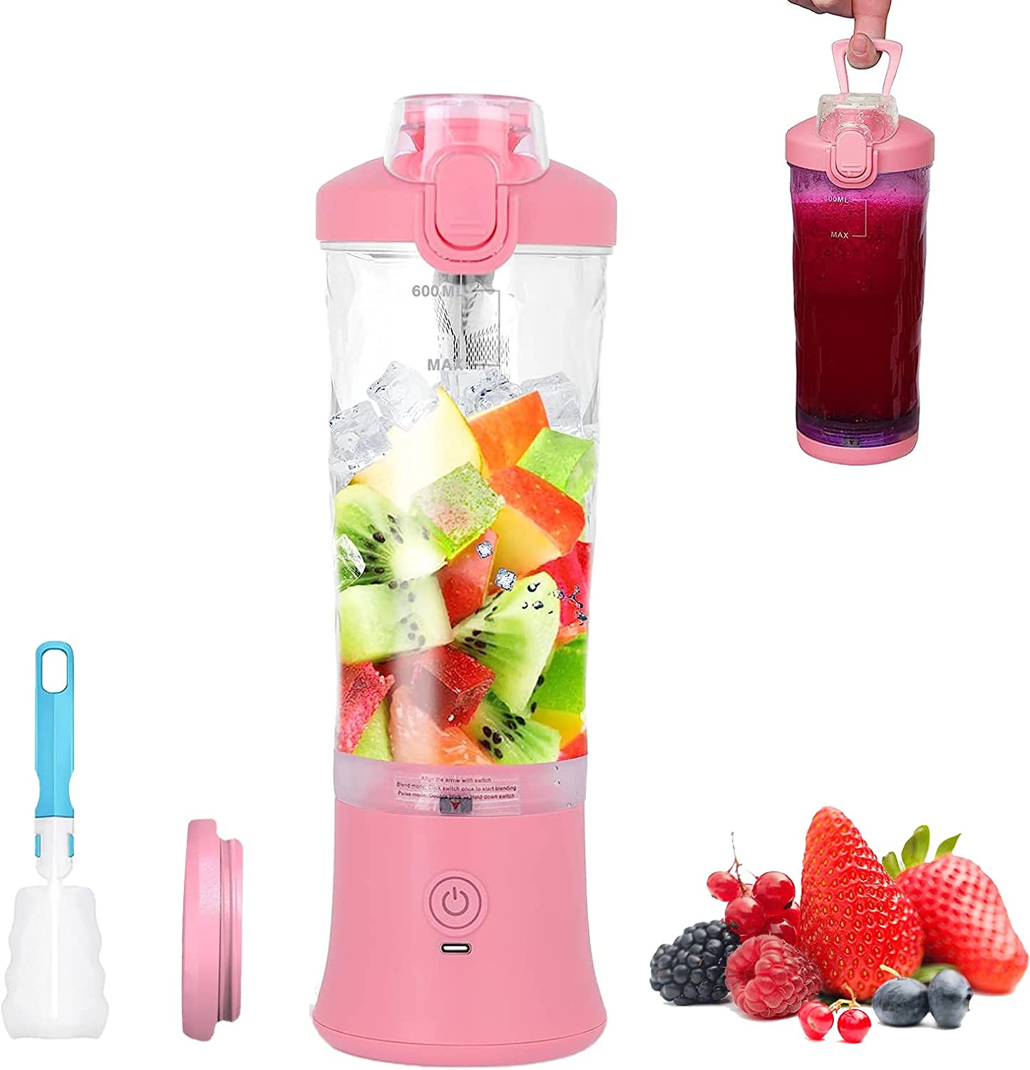 KMVizi Mixer Smoothie Maker, 600 ml Blende Bottle for Smoothies and Shakes, Smoothie Maker to Go With Compulsory Usb-C and 6 Blades, Fresh Juice Mixer Bottle for Travel, Kitchen, Office (Pink)