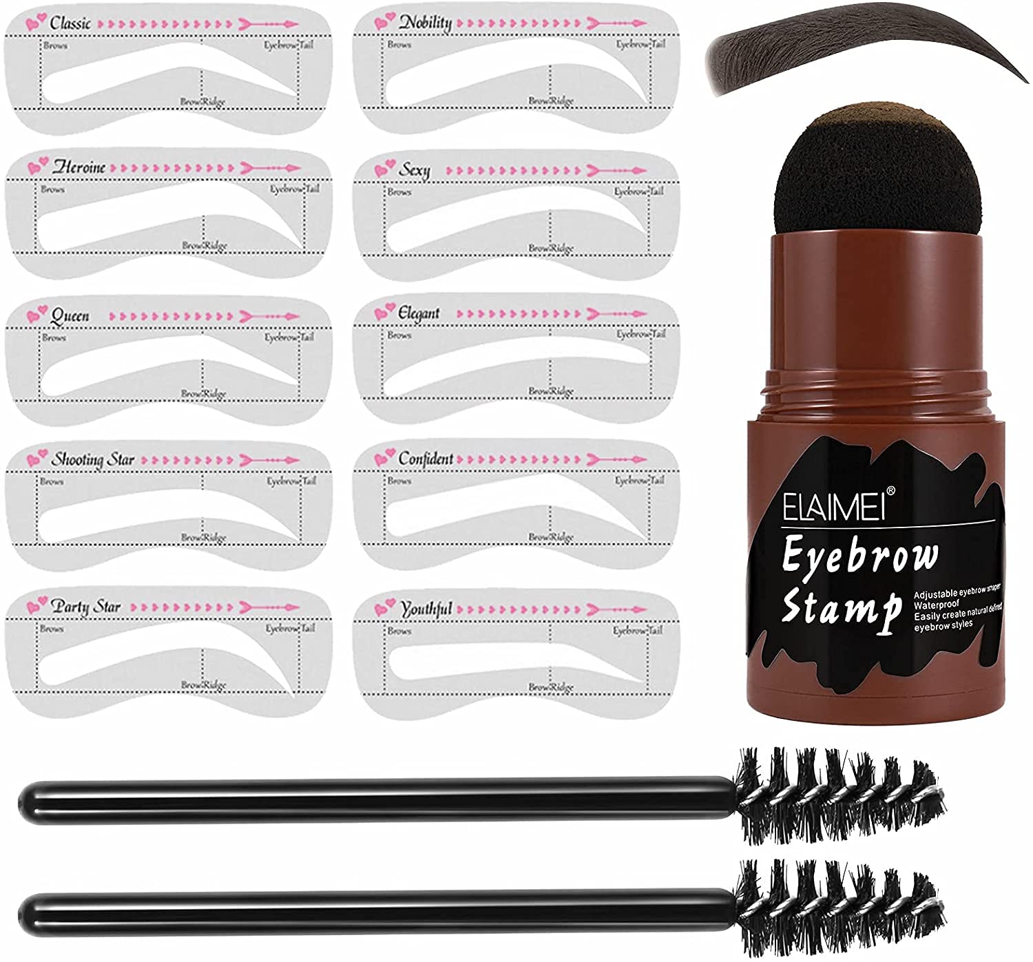 HZZYJ Eyebrow Stamp Waterproof Reusable Makeup Brow Stamp Brow Powder Stencils Eyebrow Pen Brush Kit, 1 Step Brow Stamp Shaping Kit 10 Eyebrow Stencils Stamps (Medium Brown), ‎mid-brown