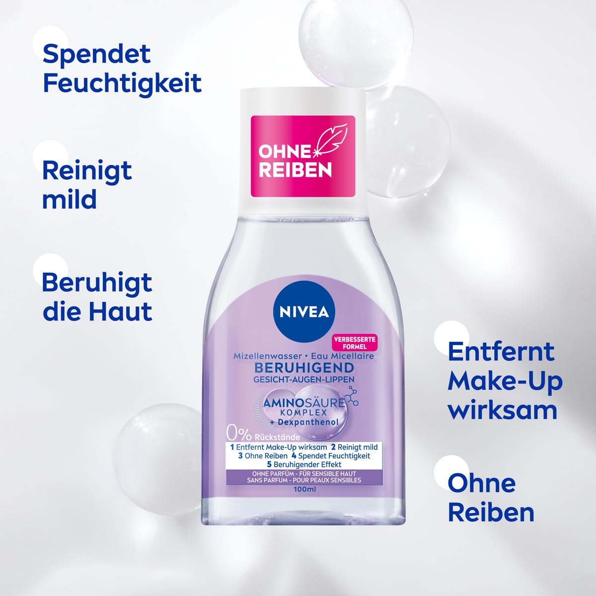 NIVEA Soothing Micellar Water, Micellar Cleansing Water for Sensitive Skin, Fragrance-Free Facial Toner with Dexpanthenol and Amino Acid Complex, Moisturizing Facial Cleansing (100 ml)