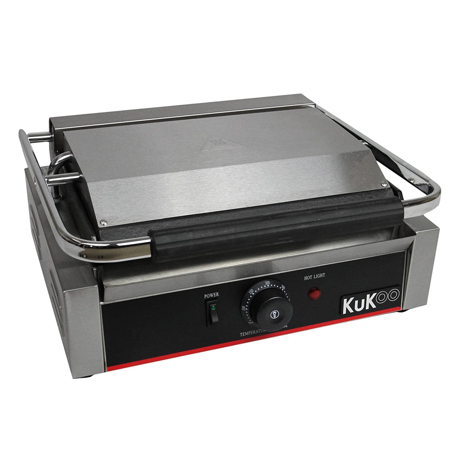 KuKoo Stainless Steel Panini Sandwich Toaster Electric Grill Barbecue Table Grill 1/2 Straight 1/2 Corrugated, 2200 W with Free Wire Brush and 2 x Grease Drip Trays 43 cm W x 31 cm (D) x 21.5 cm (H)