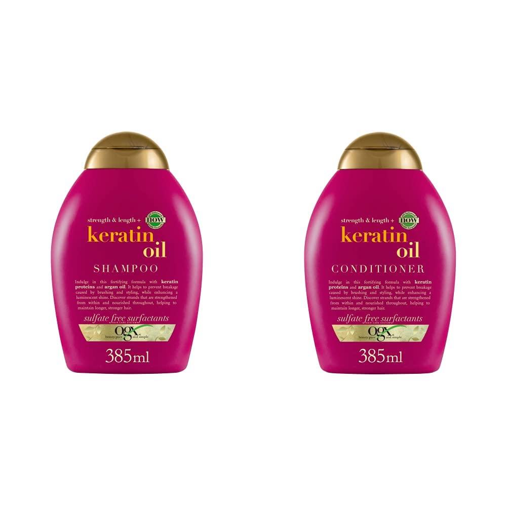 OGX Strength & Length + Keratin Oil Shampoo (385ml) & Strength & Length + Keratin Oil Conditioner (385ml), Strengthening Anti-Hair Breakage Conditioner with Keratin Proteins and Argan Oil
