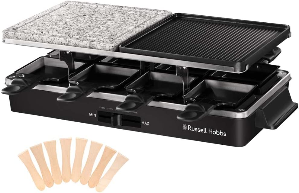 Russell Hobbs 26280-56 Raclette Grill for 8 People (Includes 8 Pans and Wooden Spatula, 2 Table Grill Plates: Natural Stone with Juice Groove and Non-Stick Reversible Plate Ribbed / Teppanyaki) Pizza Grill